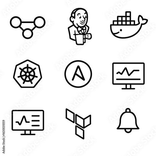 Deployment Tools Icons. Outline icon set of deployment automation tools: CI/CD pipeline, Jenkins, Docker, Kubernetes, Ansible,