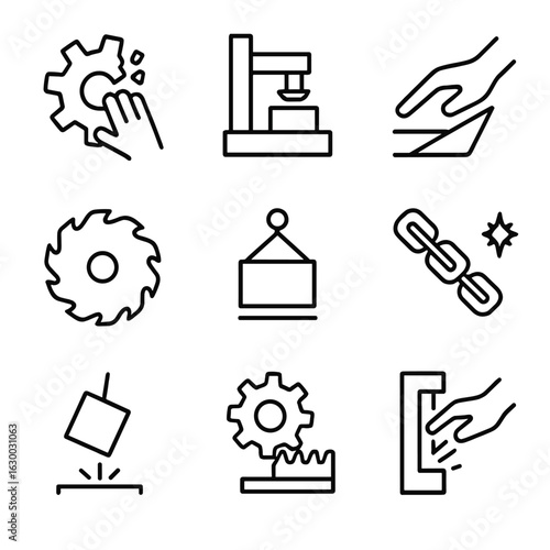 Mechanical Danger Icons. Outline icon set of mechanical dangers: broken gear, crushing machine, sharp blade, rotating saw, heavy