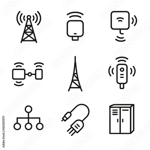 Wireless Icons Grid. Outline icon set of wireless infrastructure: cell tower, small cell node, access point on wall, backhaul link