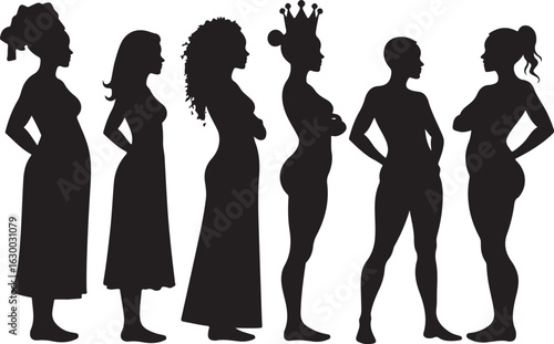 Diverse women silhouettes expressing strength and individuality in black and white