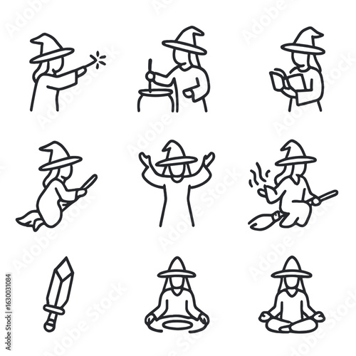 Witch and Wizard Icons. Outline icon set of witch gestures: casting spell, stirring cauldron, reading book, flying broomstick,