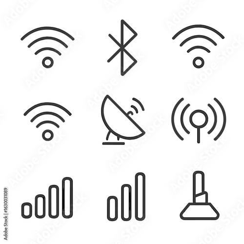 Wireless Signal Icons. Outline icon set of wireless signals: Wi-Fi, Bluetooth, 4G, 5G, LTE, hotspot, satellite dish, radio waves,