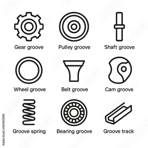 Mechanical Groove Icons. Outline icon set of groove in mechanical and industrial parts: gear groove, pulley groove, shaft groove,