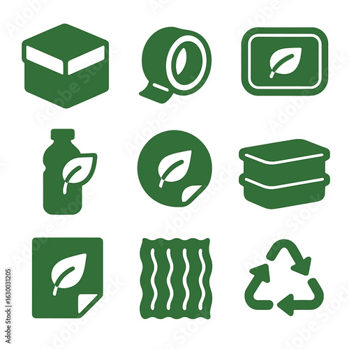 Eco-Friendly Packaging Icons. Solid, filled icons set of green packaging design: kraft paper box, paper tape,