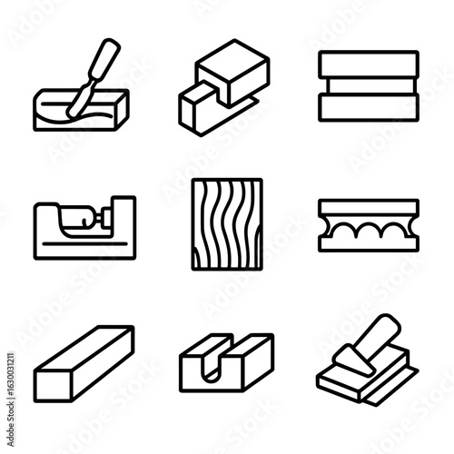Woodworking Groove Icons. Outline icon set of groove in woodworking and craft: wood carving groove, joint groove, panel groove,