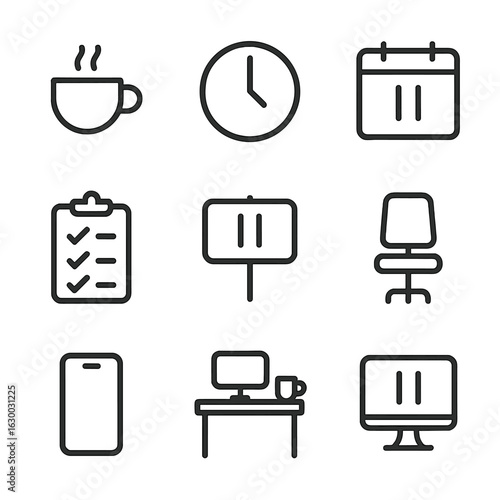 Work Pause Icon Set. Outline icon set of pause in work: coffee cup, clock, calendar, checklist, break room, desk, chair, phone,