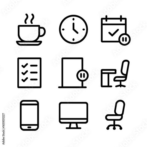 Work Pause Icon Set. Outline icon set of pause in work: coffee cup, clock, calendar, checklist, break room, desk, chair, phone,