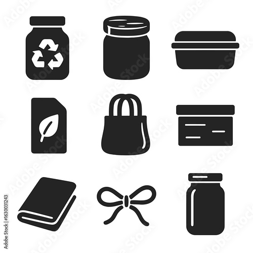Eco-Friendly Storage Icons. Solid, filled icons set of eco-friendly craft storage: recycled jars, bamboo lids,