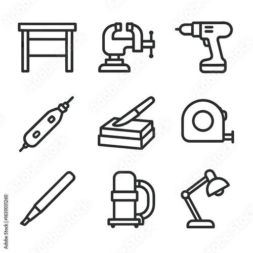 Workshop Tools Icons. Outline icon set of carving workshop tools: workbench, vice, power drill, rotary tool, sharpening kit,
