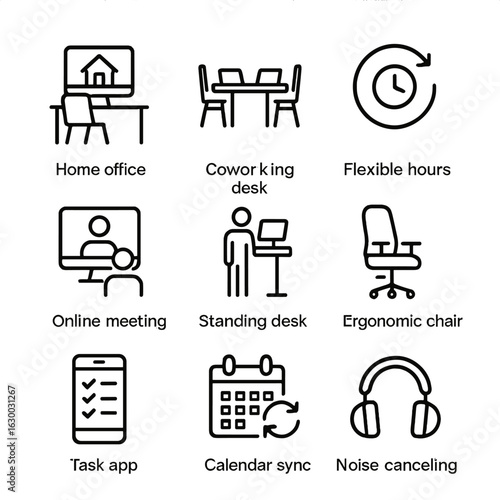 Workplace Adaptation Icons. Outline icon set of workplace adaptation: home office, coworking desk, flexible hours, online meeting,