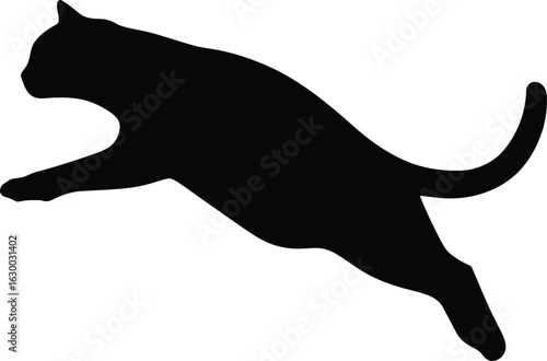 Vector art of a sleek black cat silhouette leaps gracefully across a light background conveying agility and feline elegance in a minimalist design