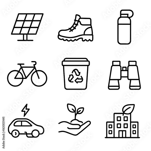 Eco-tourism Icons Set. Outline icon set of Eco-tourism and green travel: solar panel, hiking boots, reusable
