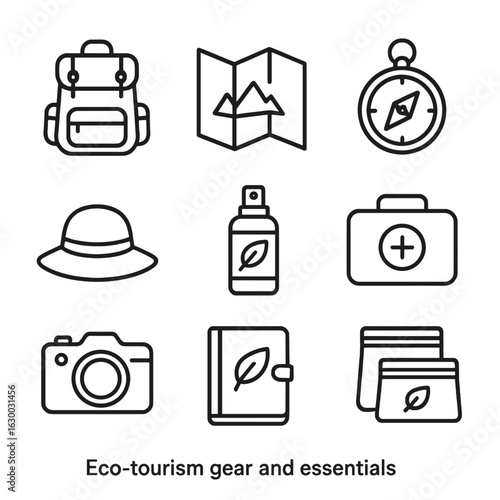 Eco-Tourism Gear Icons. Outline icon set of Eco-tourism Gear and Essentials: backpack, map, compass, sun hat,