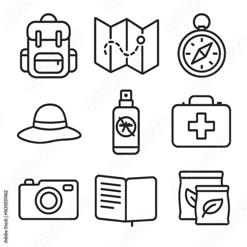 Eco-Tourism Gear Icons. Outline icon set of Eco-tourism Gear and Essentials: backpack, map, compass, sun hat,