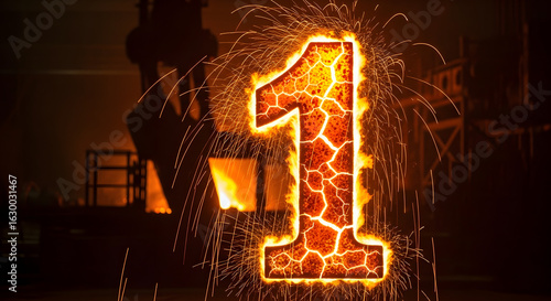 Fiery sparks illuminate number one in industrial foundry metalworking scene dramatic perspective nighttime environment