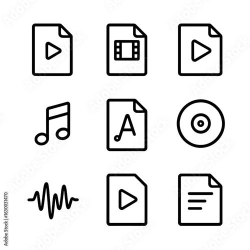 Media Format Icons. Outline icon set of media stream formats: MP4, AVI, MKV, MP3, AAC, FLAC, WAV, HLS, DASH. Line icons in only