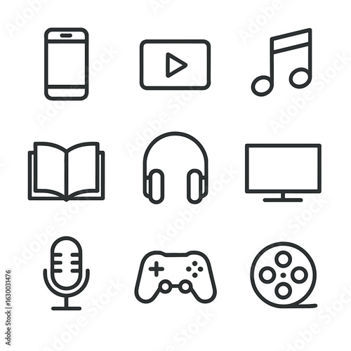 Media Icons Grid. Outline icon set of consuming media: smartphone, video play, music note, book, headphones, TV screen, podcast