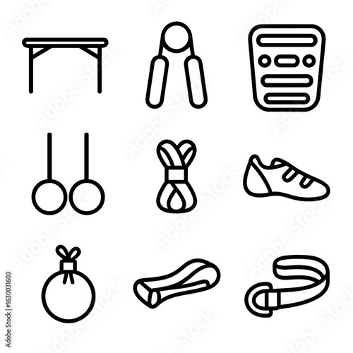 Climbing Fitness Icons. Outline icon set of climbing fitness: pull-up bar, grip strengthener, climbing trainer, fingerboard,