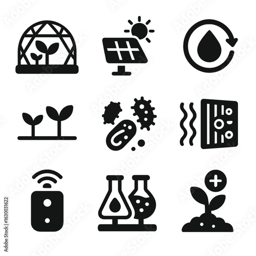 Ecological System Icons. Solid, filled icons set of Closed ecological systems: bio-domes, solar power, water