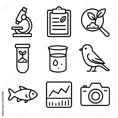 Ecological Research Icons. Outline icon set of ecological research: microscope, clipboard, magnifying glass,