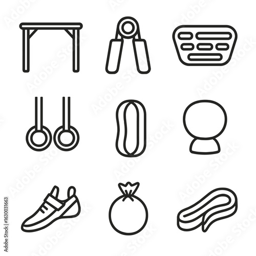 Climbing Fitness Icons. Outline icon set of climbing fitness: pull-up bar, grip strengthener, climbing trainer, fingerboard,