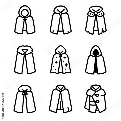 Cloak Icon Set. Outline icon set of cloak styles: hooded cloak, velvet cloak, tattered cloak, royal cloak, fur-lined cloak,