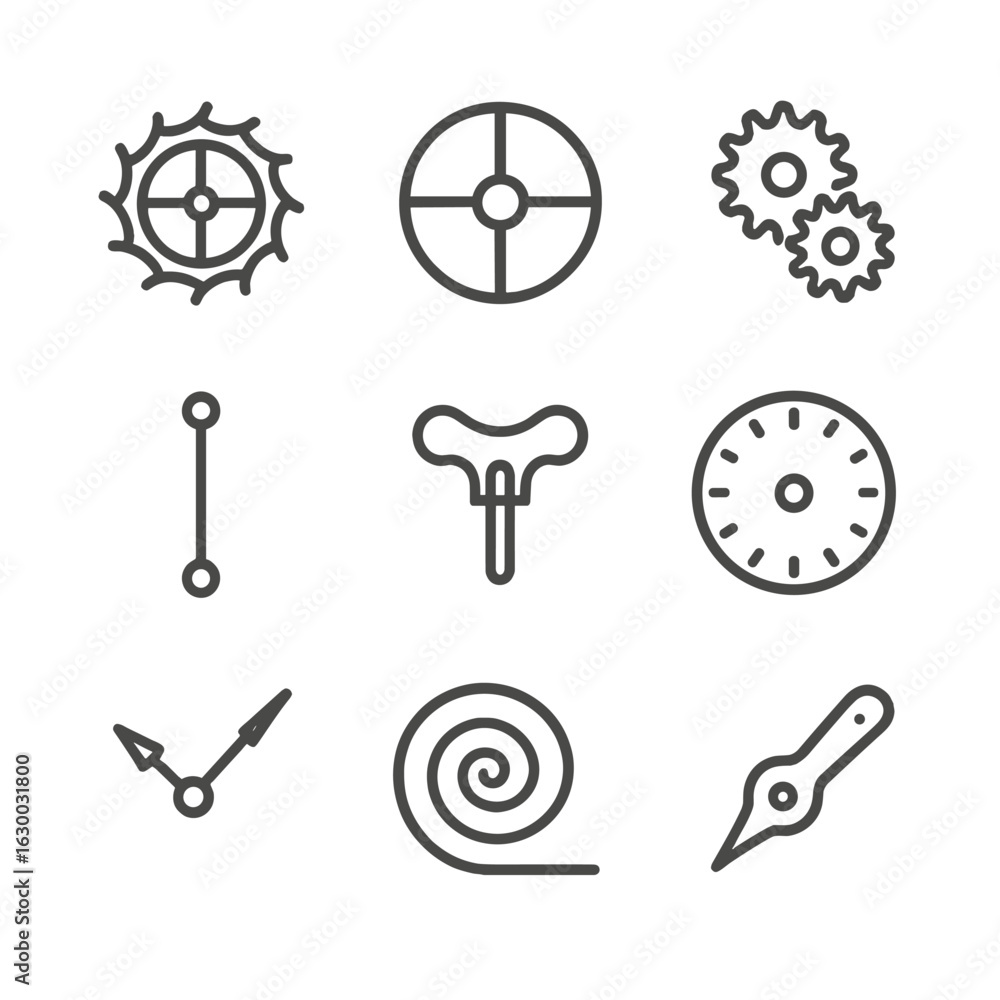Obraz premium Clock Mechanics Icons. Outline icon set of clock mechanics: escapement wheel, balance wheel, gear train, pendulum rod, winding key