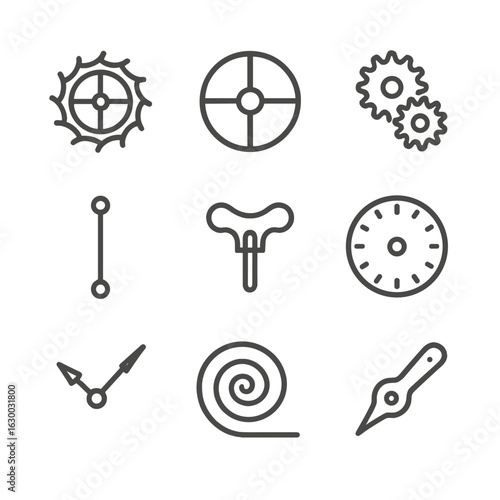Clock Mechanics Icons. Outline icon set of clock mechanics: escapement wheel, balance wheel, gear train, pendulum rod, winding key