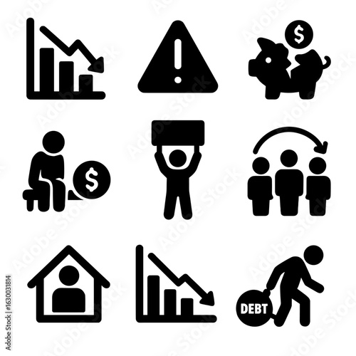 Economic Crisis Icons. Solid, filled icons set of economic crises: falling graph, warning sign, broken piggy