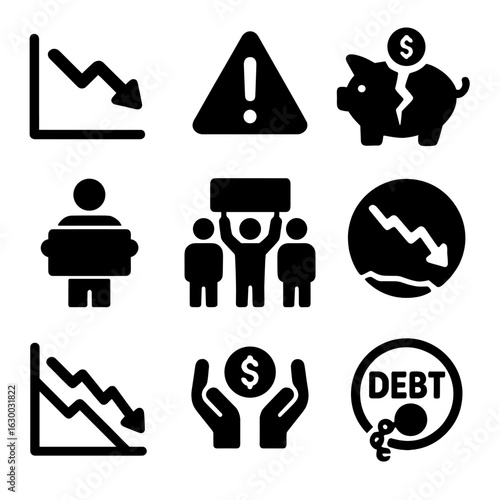 Economic Crisis Icons. Solid, filled icons set of economic crises: falling graph, warning sign, broken piggy