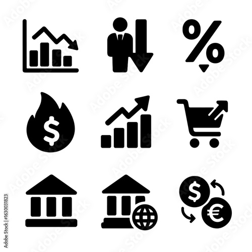 Economic Indicators Icons. Solid, filled icons set of Economic indicators affecting consumer confidence: stock