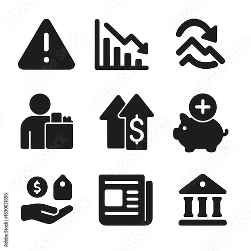 Economic Uncertainty Icons. Solid, filled icons set of Economic uncertainty effects: warning triangle,