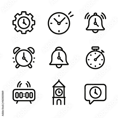 Clock Signal Icons. Outline icon set of clock signals: ticking gear, clock strike, bell chime, alarm signal, pendulum beat, timer