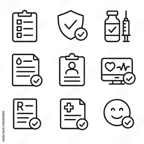 Medical Icons Set. Outline icon set of medical ticks: symptom checklist, diagnosis tick, vaccine approval, test results, patient