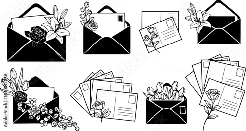 Illustrations of envelopes, postcards, and flowers for various communication themes
