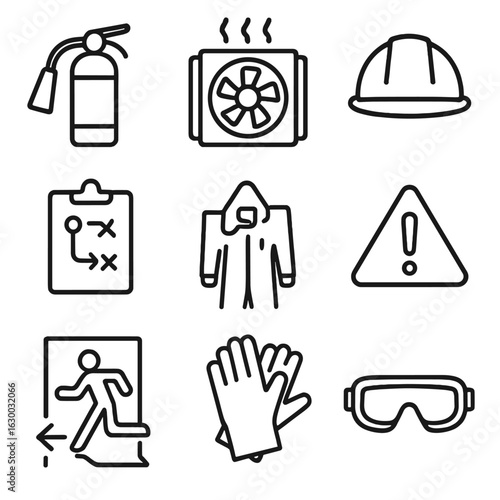 Meltdown Prevention Icons. Outline icon set of meltdown prevention: fire extinguisher, cooling system, safety helmet, emergency