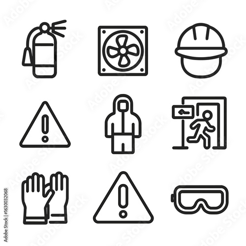 Meltdown Prevention Icons. Outline icon set of meltdown prevention: fire extinguisher, cooling system, safety helmet, emergency