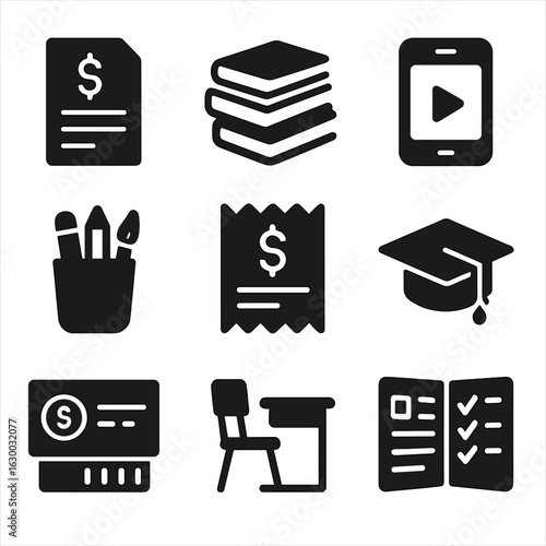Education Expenses Icons. Solid, filled icons set of education and learning expenses: tuition invoice, books