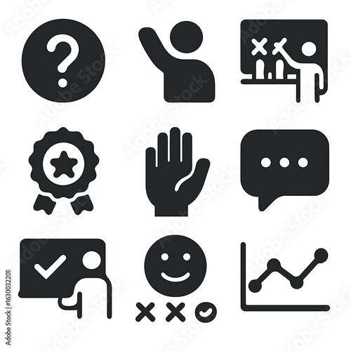 Educational Icons Grid. Solid, filled icons set of educational engagement: question icon, active student,