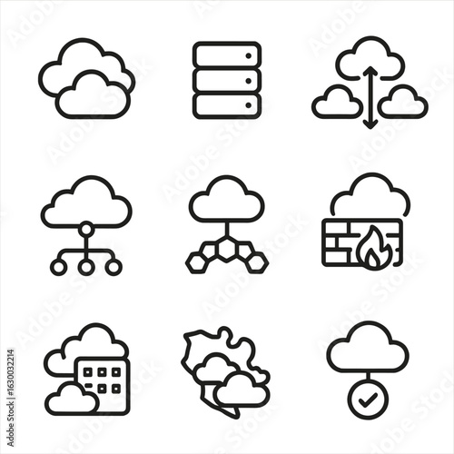 Cloud Infrastructure Icons. Outline icon set of cloud clusters: cloud instances, availability zones, auto-scaling groups, load