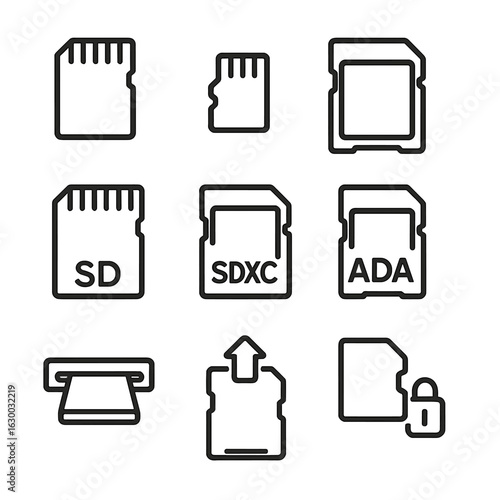 Memory Card Icon Set. Outline icon set of memory card types: SD card, microSD card, miniSD card, SDHC card, SDXC card, memory card