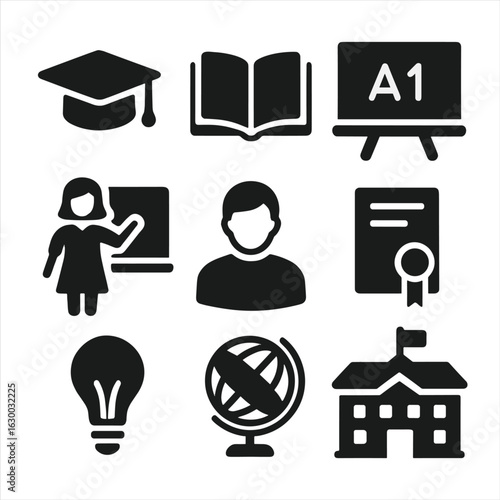Educational Icons Grid. Solid, filled icons set of educational awareness: graduation cap, open book,