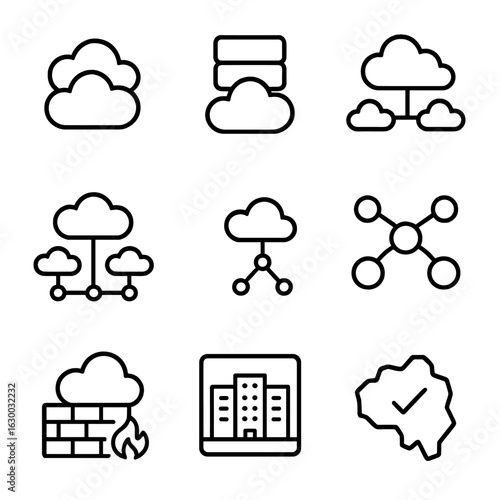 Cloud Infrastructure Icons. Outline icon set of cloud clusters: cloud instances, availability zones, auto-scaling groups, load