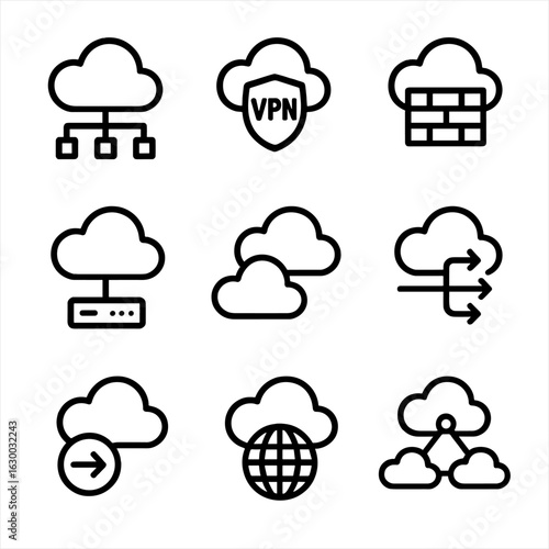 Cloud Network Icons. Outline icon set of cloud network: virtual network, cloud VPN, cloud firewall, cloud gateway, cloud peering,