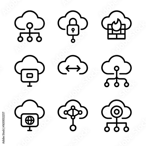 Cloud Network Icons. Outline icon set of cloud network: virtual network, cloud VPN, cloud firewall, cloud gateway, cloud peering,