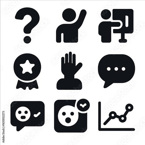 Educational Icons Grid. Solid, filled icons set of educational engagement: question icon, active student,