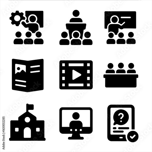 Educational Program Icons. Solid, filled icons set of educational and awareness programs: workshop, seminar,