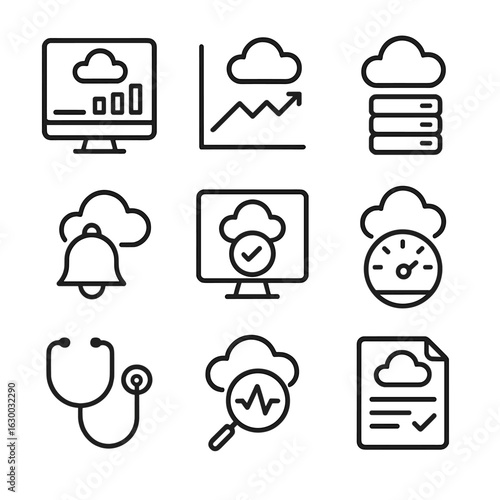 Cloud Monitoring Icons. Outline icon set of cloud monitoring: dashboard screen, metrics chart, log aggregation icon, alert bell,