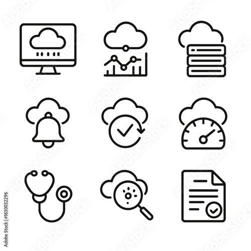 Cloud Monitoring Icons. Outline icon set of cloud monitoring: dashboard screen, metrics chart, log aggregation icon, alert bell,