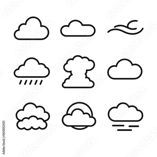 Cloud Icon Set. Outline icon set of cloud types: cumulus, stratus, cirrus, nimbostratus, cumulonimbus, altostratus, altocumulus,